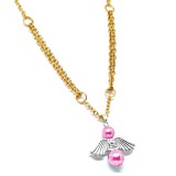 Maria King Őrangyal medál pink mesterséges gyöngyökkel, arany színű kétsoros nyaklánccal