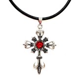 Maria King Piros köves gótikus kereszt medál bőr lánccal