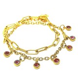 Maria King Piros kristályos charmos rozsdamentes acél dupla karkötő, arany színű