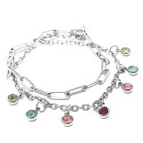 Maria King Színes kristályos charmos rozsdamentes acél dupla karkötő, ezüst színű