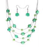 Maria King Szögletes gyöngy többsoros nyaklánc fülbevalóval, zöld