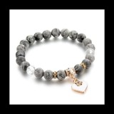 Maria King Természetes kő karkötő szív charm-mal, 19 cm, szürke