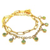 Maria King Zöld kristályos charmos rozsdamentes acél dupla karkötő, arany színű