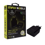 Max Mobile QC 3.0 3A univerzális USB-s hálózati gyorstöltő Type-C kábellel fekete (3858892514016) (3858892514016) - Töltők