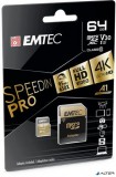 Memóriakártya, microSDXC, 64GB, UHS-I/U3/V30/A2, 100/95 MB/s, adapter, EMTEC &#039;SpeedIN&#039;
