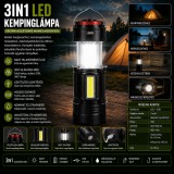 Merystyle 3 az 1-ben LED kempinglámpa USB töltéssel és COB oldalfénnyel - fekete (LL108A)