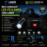 Merystyle W613 zoomolható LED fejlámpa 1200 lumen 2 db Li-ion 18650 akkumulátorral IPX4 vízállóság - fekete (W613)