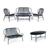 ModernHome Fekete asztalos rattan kerti bútor szett fém székekkel és pad - kerti bútor, rattan bútor, kerti asztal, kerti szék