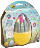 MOXY Húsvéti színező szett tojás formájú műanyag tartóban (filctollak, zsírkréta, színezhető lapok, matrica)