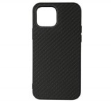 Műanyag telefonvédő (bőr hatású, szilikon betét, karbon minta) FEKETE [Apple iPhone 13 mini]