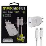 MAX MOBILE Hálózati Töltő TR-207, 1xUSB-C, QuickCharge 3.0, 3 A, 18W, USB-C-Lightning kábel, fehér (3858892933817)