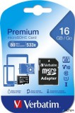 Memóriakártya, microSDHC, 16GB, CL10/U1, 45/10 MB/s, adapter, VERBATIM &#039;Premium&#039;