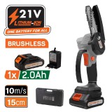 NAKAYAMA Akkus mini láncfűrész 21V, szénkefe nélküli, Láncvezető: 10 cm, 825 gr, lánc 1/4"1,1 mm , 11m/s, 1x 2Ah li-ionakku + töltő bmc (EC1040)