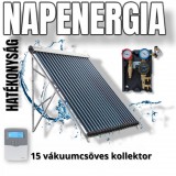 NAPCSAP 15 vákuumcsöves Big-Pipe napkollektor rendszer SR208C vezérléssel és szivattyú állomás keringető szivattyúval