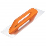 NEO TOOLS Acél simító, fogazott, rozsdamentes, 480x128mm, 10x10x10mm, fa markolat 50-183