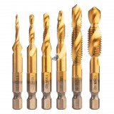 NEO TOOLS Gépi menetfúró készlet, 2az1ben előfúró éllel, HSS-Titán, M3-M10, 6db, hatszög szárral 08-959