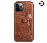 NILLKIN AOGE műanyag telefonvédő (valódi bőr hátlap, mikrofiber plüss belső, bankkártya tartó) BARNA [Apple iPhone 12 Pro Max]