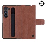 NILLKIN AOGE műanyag telefonvédő (valódi bőr hátlap, mikrofiber plüss belső, ceruza tartó) BARNA Samsung Galaxy Z Fold6 5G (SM-F956)