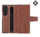 NILLKIN AOGE műanyag telefonvédő (valódi bőr hátlap, mikrofiber plüss belső, ceruza tartó) SÖTÉTBARNA Samsung Galaxy Z Fold7 (SM-F966)