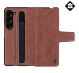 NILLKIN AOGE műanyag telefonvédő (valódi bőr hátlap, mikrofiber plüss belső, S Pen tartó) BARNA Samsung Galaxy Z Fold5 5G (SM-F946)