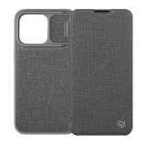 NILLKIN Apple iPhone 14 Pro qin pro tok álló, szövet hatású (flip, bankkártya tartó, kamera védelem) szürke