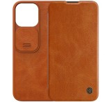 NILLKIN QIN PRO tok álló, bőr hatású (FLIP, oldalra nyíló, bankkártya tartó, kamera védelem) BARNA Apple iPhone 14 Plus