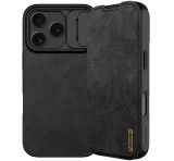 NILLKIN QIN PRO tok álló, bőr hatású (FLIP, oldalra nyíló, kártyazseb, kameravédő) FEKETE Apple iPhone 17 Pro