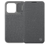 NILLKIN QIN PRO tok álló, szövet hatású (FLIP, oldalra nyíló, bankkártya tartó, kamera védelem) SZÜRKE Apple iPhone 14 Plus