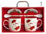 Noname Bögre 3,5dl +kiskanál +tányér 2+2+2db díszdobozban Love 4féle 03275 - Szerelmes Szíves bögre