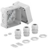 OBO 2005222 X02 T G M20 LGR Leágazódoboz sorkapocsléccel, 3 db V-TEC VM és 3x116 tömszelencével és ellenanyával 95x95x72mm