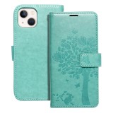 OEM iPhone 13 könyvtok, fliptok, telefon tok, mágneszáras, bankkártyatartós, fa mintás, zöld, Forcell Mezzo