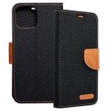 OEM iPhone 14 könyvtok, fliptok, telefon tok, mágneszáras, bankkártya tartós, fekete, Canvas