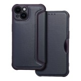 OEM iPhone 14 könyvtok, fliptok, telefon tok, ütésálló, bankkártyatartós, mágneszáras, karbon mintás, sötétkék, Razor