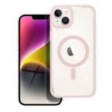 OEM iPhone 14 Plus hátlaptok, telefon tok, MagSafe kompatibilis, átlátszó, púderrózsaszín kerettel, Color Edge Mag Cover