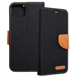 OEM iPhone 14 Plus könyvtok, fliptok, telefon tok, mágneszáras, bankkártya tartós, fekete, Canvas