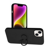 OEM iPhone 14 Plus szilikon tok, hátlaptok, telefon tok, velúr belsővel, gyűrűvel, matt, fekete, Silicone Ring