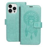 OEM iPhone 14 Pro könyvtok, fliptok, telefon tok, mágneszáras, bankkártyatartós, álomfogó mintás, zöld, Forcell Mezzo