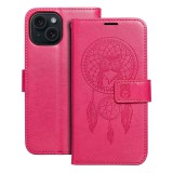 OEM iPhone 15 könyvtok, fliptok, telefon tok, oldalra nyíló tok, mágneszáras, bankkártyatartós, álomfogó mintás, magenta, Forcell Mezzo