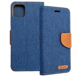 OEM iPhone 15 Plus könyvtok, fliptok, telefon tok, mágneszáras, bankkártya tartós, kék, Canvas