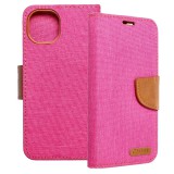 OEM iPhone 15 Plus könyvtok, fliptok, telefon tok, mágneszáras, bankkártya tartós, rózsaszín, Canvas
