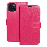 OEM iPhone 15 Plus könyvtok, fliptok, telefon tok, oldalra nyíló tok, mágneszáras, bankkártyatartós, mandala mintás, magenta, Forcell Mezzo