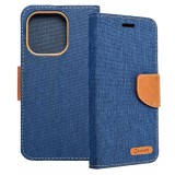 OEM iPhone 15 Pro könyvtok, fliptok, telefon tok, mágneszáras, bankkártya tartós, kék, Canvas