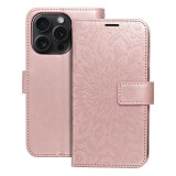 OEM iPhone 15 Pro könyvtok, fliptok, telefon tok, mágneszáras, bankkártyatartós, mandala mintás, rose gold, Forcell Mezzo