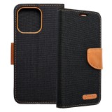 OEM iPhone 15 Pro Max könyvtok, fliptok, telefon tok, mágneszáras, bankkártya tartós, fekete, Canvas