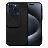 OEM iPhone 15 Pro Max szilikon tok, hátlap tok, kamera védelemmel, fekete, SLIDE Case