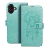 OEM iPhone 16 Plus könyvtok, fliptok, telefon tok, mágneszáras, bankkártyatartós, álomfogó mintás, zöld, Forcell Mezzo