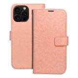 OEM iPhone 16 Pro könyvtok, fliptok, telefon tok, mágneszáras, bankkártyatartós, mandala mintás, barack színű, Forcell Mezzo