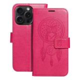 OEM iPhone 16 Pro Max könyvtok, fliptok, telefon tok, oldalra nyíló tok, mágneszáras, bankkártyatartós, álomfogó mintás, magenta, Forcell Mezzo