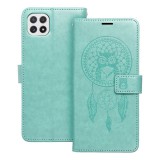 OEM Samsung Galaxy A22 5G könyvtok, fliptok, telefon tok, mágneszáras, bankkártyatartós, álomfogó mintás, zöld, Forcell Mezzo