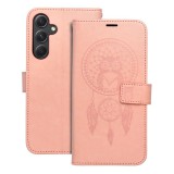 OEM Samsung Galaxy A25 5G könyvtok, fliptok, telefon tok, mágneszáras, bankkártyatartós, álomfogó mintás, barack színű, Forcell Mezzo
